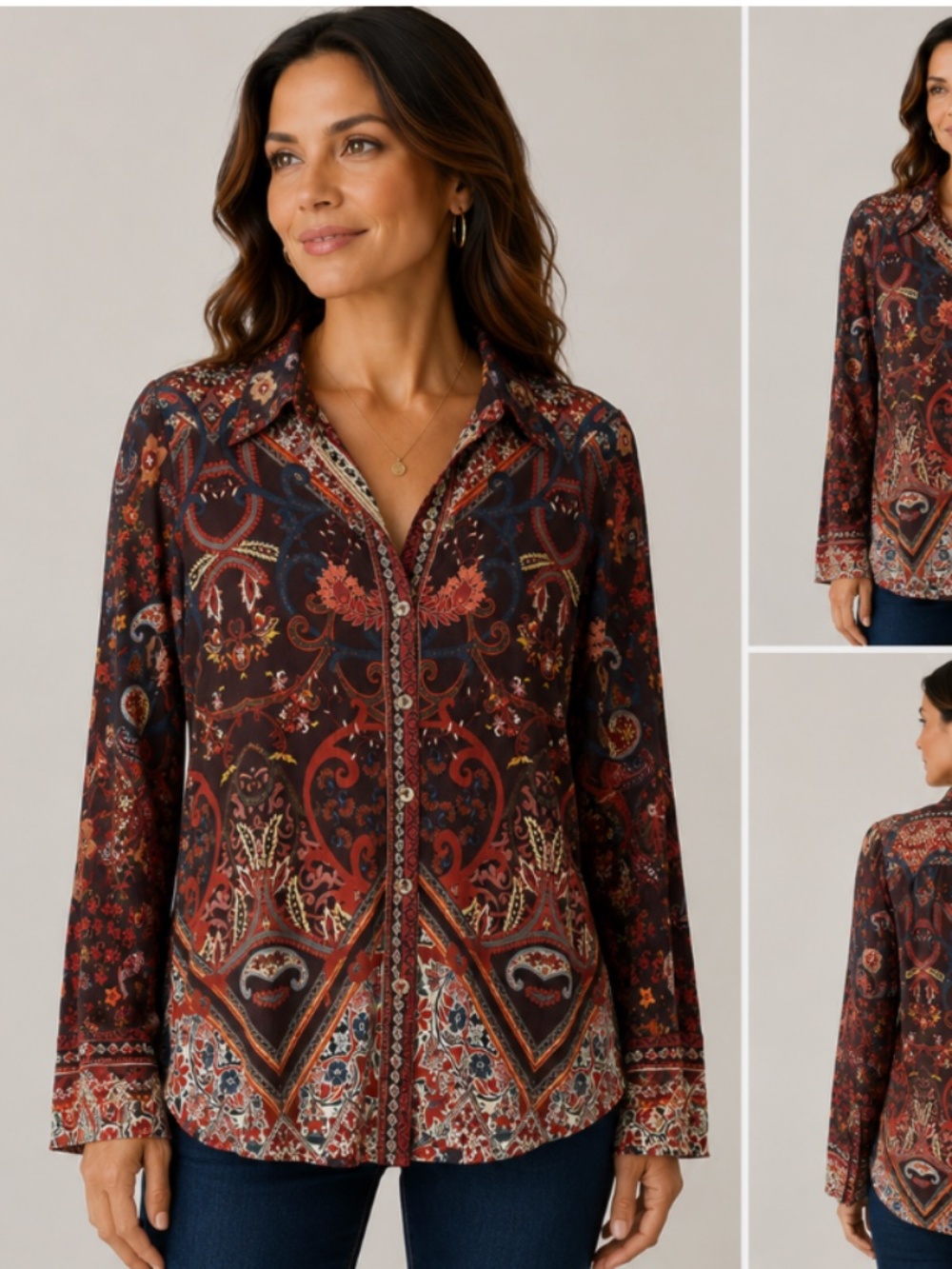 JOHNNY WAS "Janie Favorite" Chocolate Brown Button Front Shirt Sz LARGE or XL